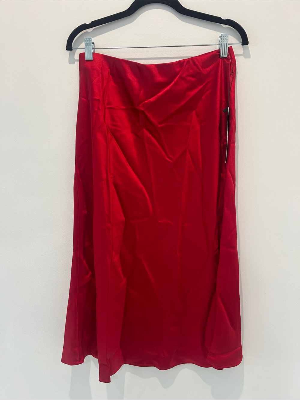 Sleek Red Satin Midi Skirt